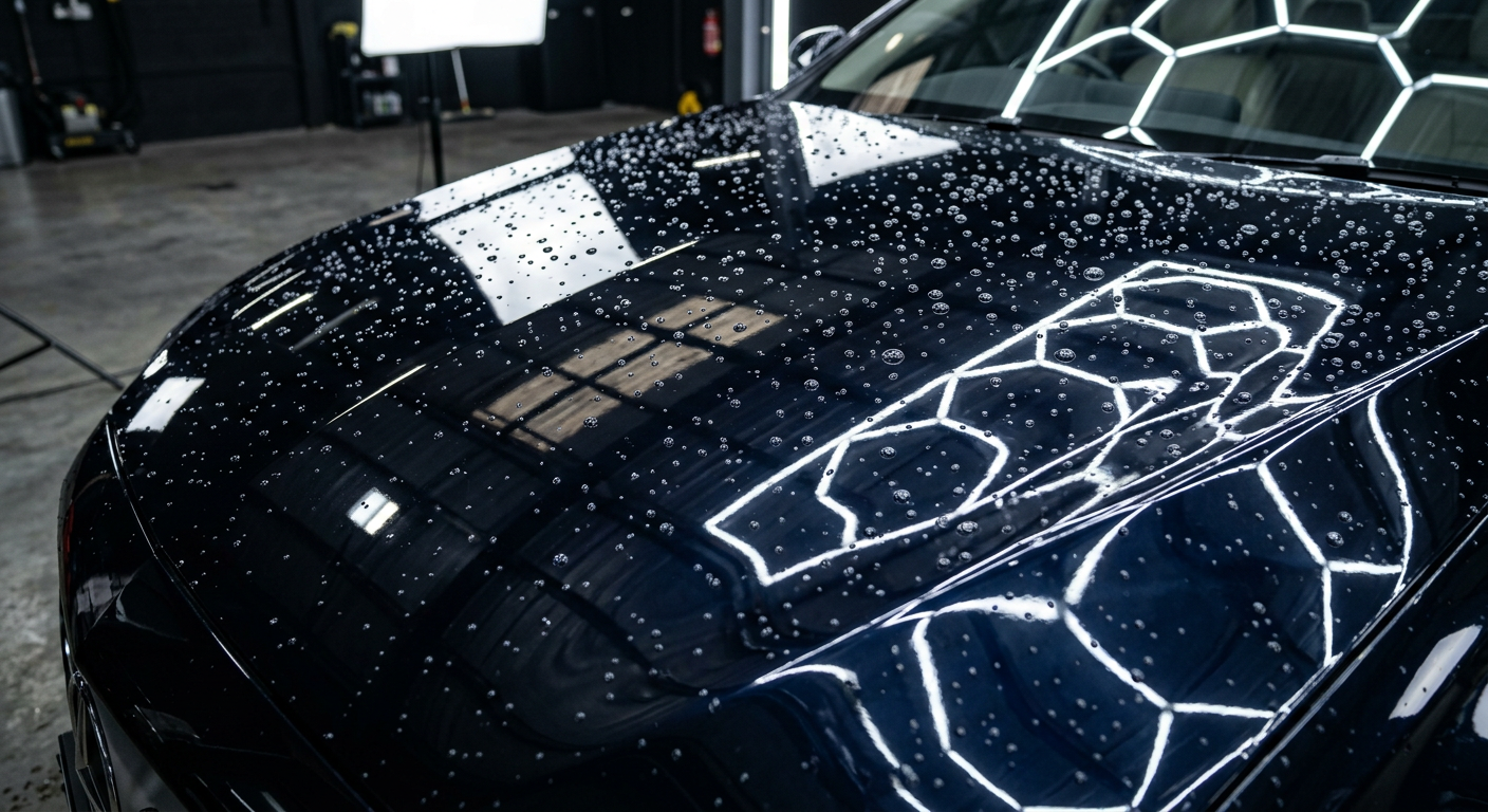 Polished car bonnet with mirror-like reflections and water beading