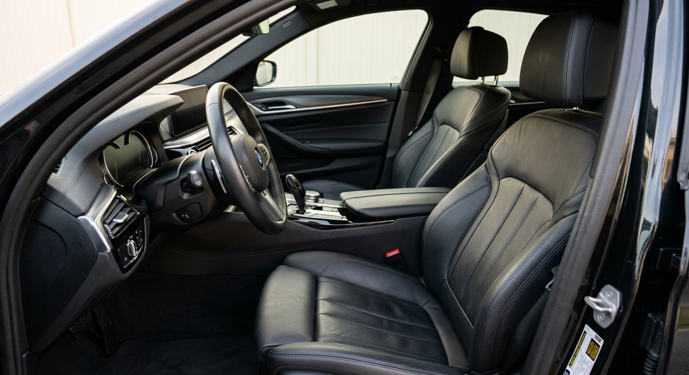 Clean black leather car interior after detailing